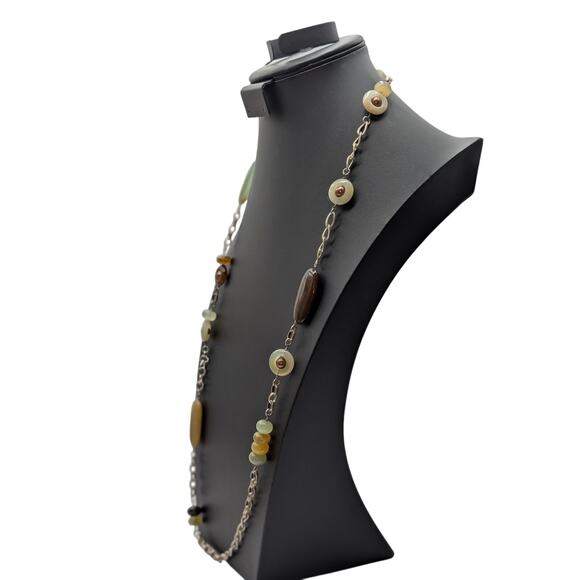 Vtg Green Brown Neutral Colors Stone & Glass Bead Silver Tone Chain Necklace - Picture 2 of 7